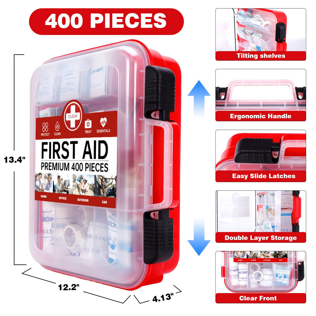 400 Pieces All-Purpose First Aid Kit, Organized Dual-Layer Wall