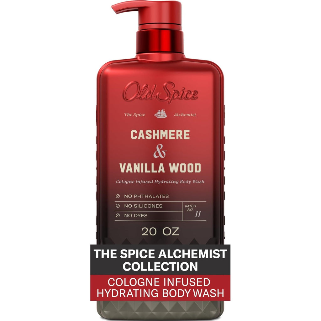 Old Spice Body Wash for Men, The Spice Alchemist Collection, 24/7 Cologne Infused Hydration, No Trade Off Formula, Free of Phthalates Silicones & Dyes, Cashmere + Vanilla Wood Scent, 20 oz