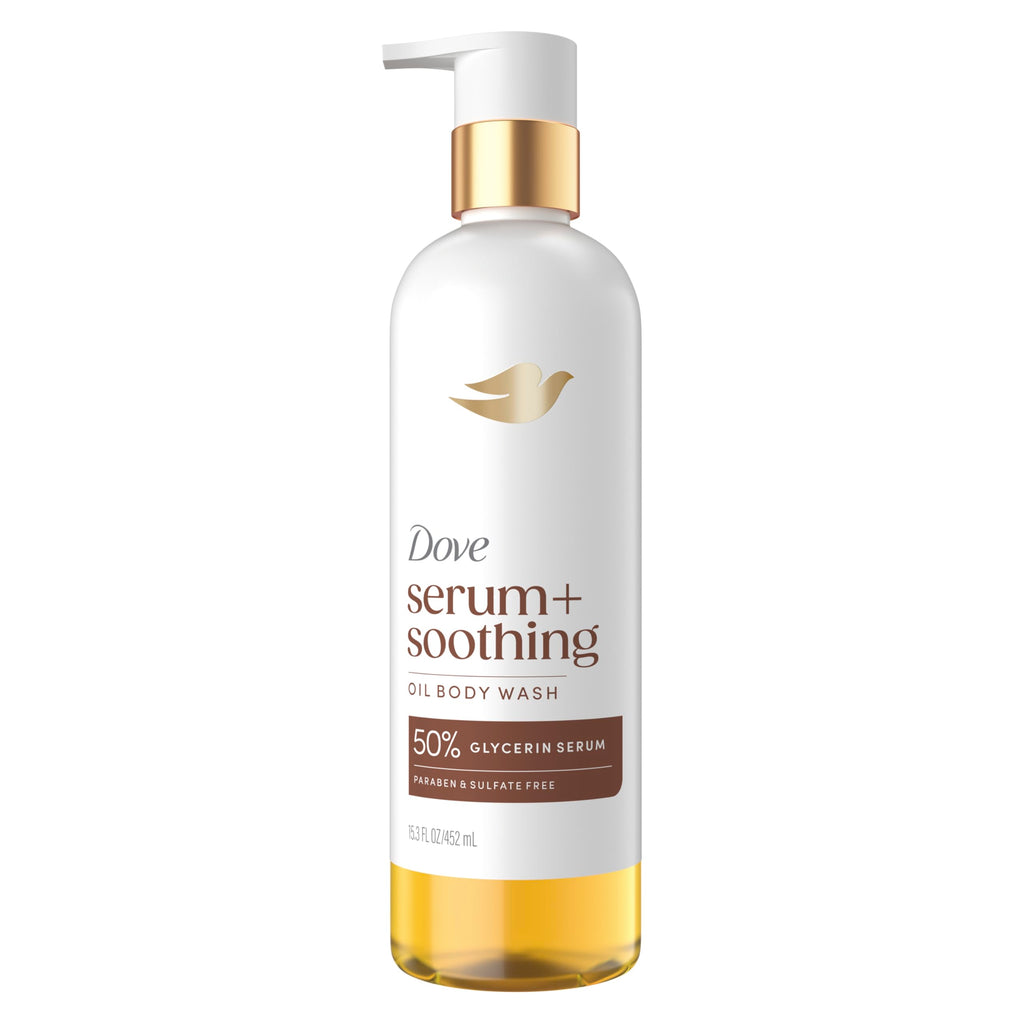 Dove Serum+Shower Oil Body Wash Soothing, 15.3 fl oz | Almond Oil & Sandalwood hydrating shower oil body wash with glycerin serum for soft, smooth skin and a soothing shower