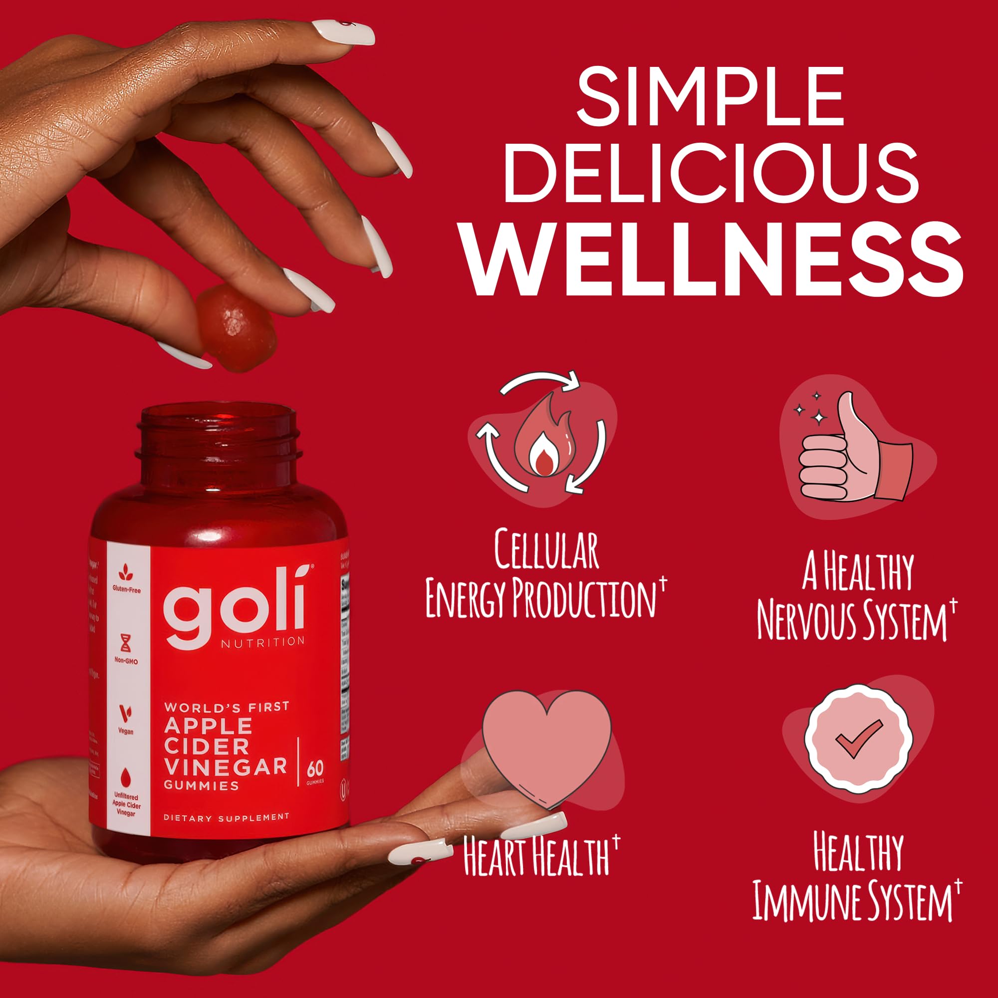 Goli Apple Cider Vinegar Gummies - Worlds First ACV Gummy with Vitamin B12, Beetroot & Pomegranate - Vegan, Non-GMO, Gluten-Free, 120 Count (2 Pack)
