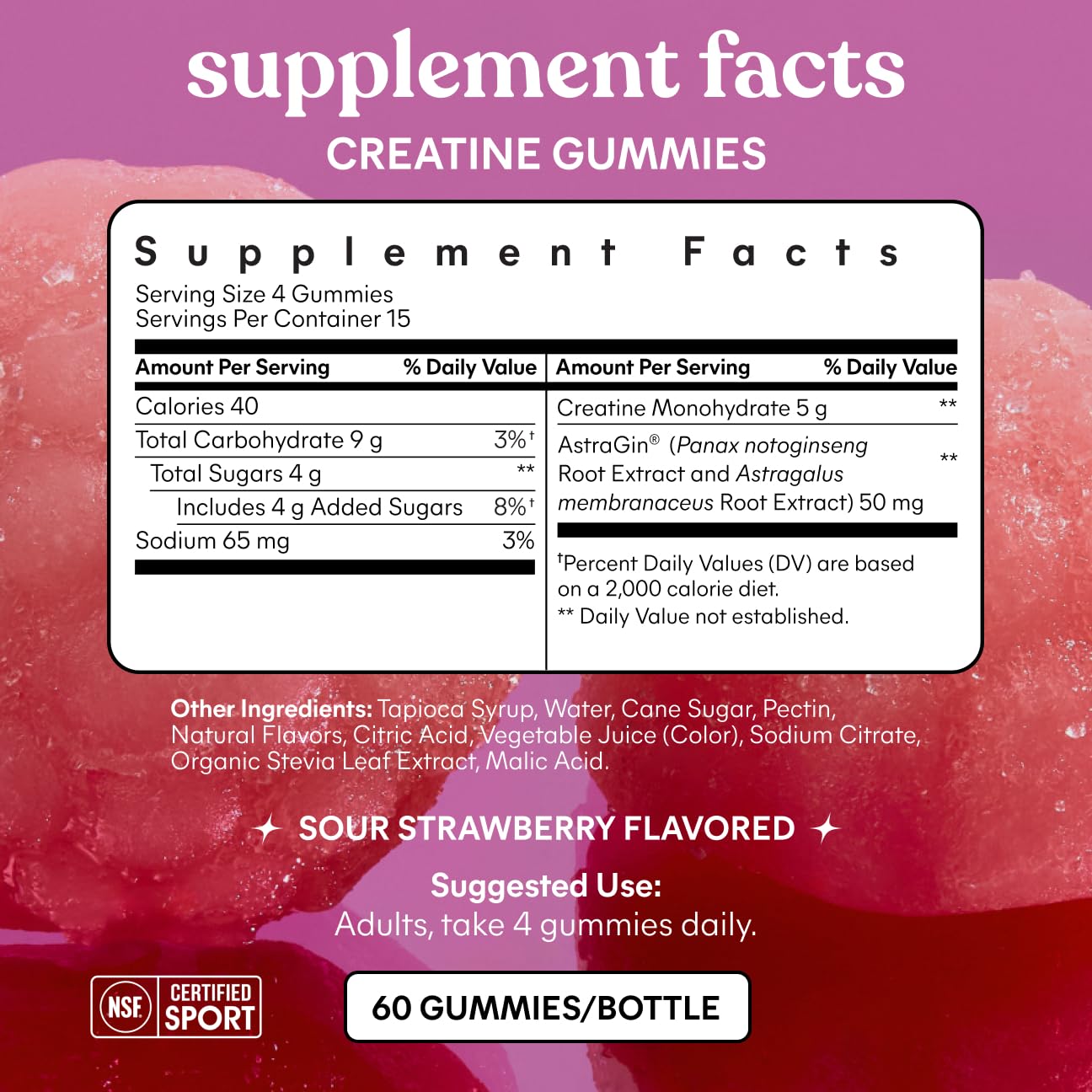 Lemme Creatine Monohydrate Gummies, Sour Strawberry (60 Gummies) | 5g Creatine for Lean Muscle, Strength, Recovery & Cognitive Health with Ginseng for Absorption. NSF Certified for Women & Men