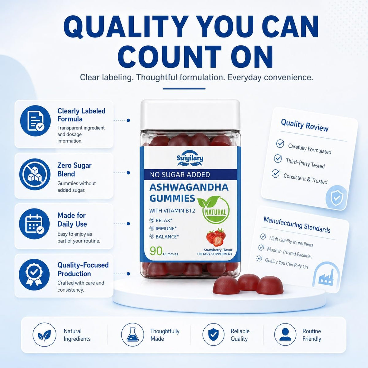 Suiyilary Ashwagandha Gummies 2000mg, Ashwagandha High Strength Root Extract Supplement with Vitamin B12 for Men Women, Strawberry Flavour 45 Days Supply 90 Gummies