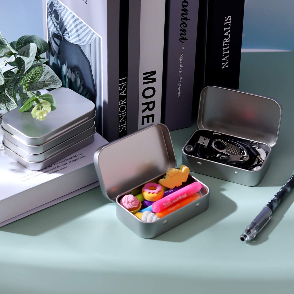 Tamicy Metal Rectangular Empty Hinged Tins, Pack of 40, Silver