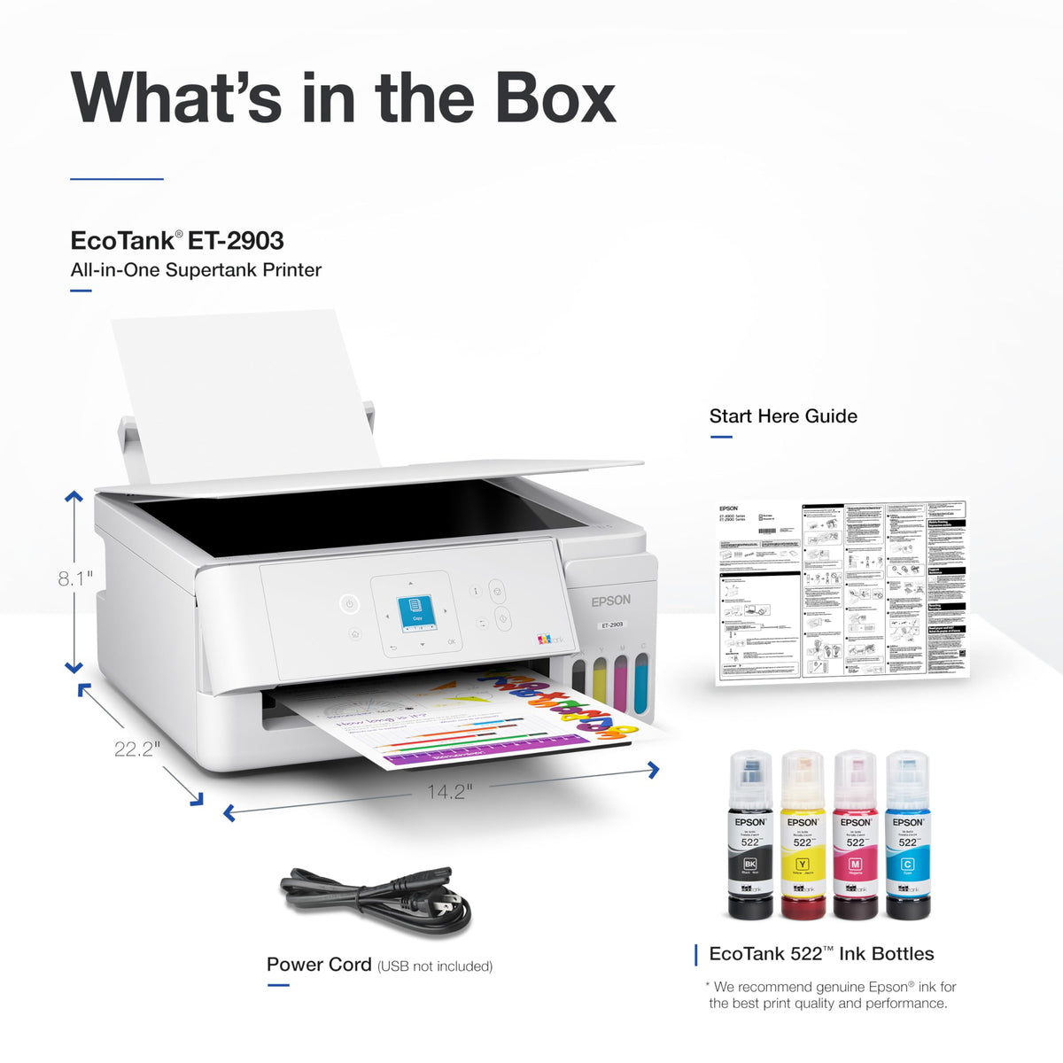 Epson EcoTank ET-2903 Wireless All-in-One Color Supertank Printer with up to 3 Years of Ink, Refillable Tanks, Perfect for Home, 11 PPM, 1.44" Color Screen, Built-in Scanner – White