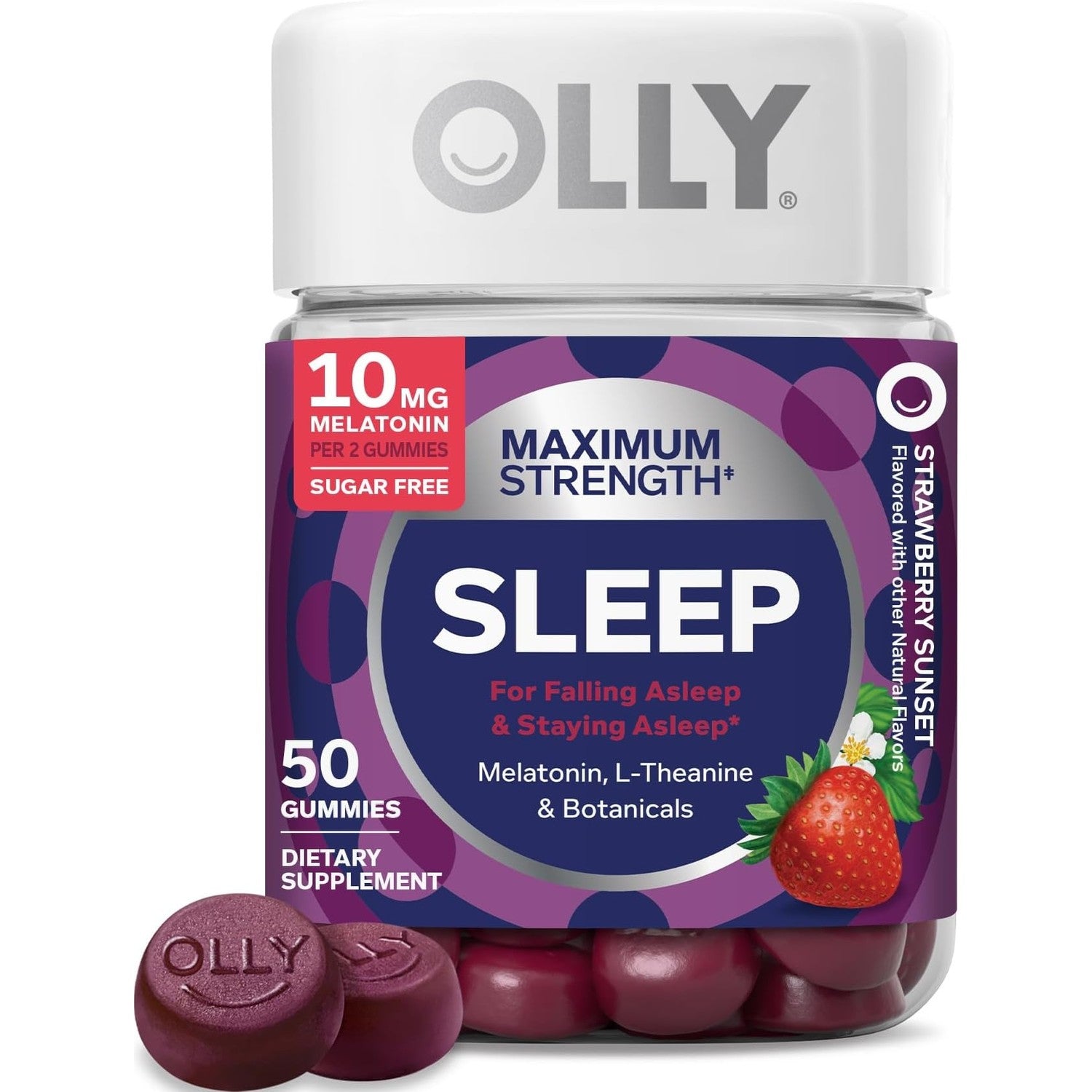 OLLY Max Strength Sleep Gummy, 10mg Melatonin, L-Theanine, Chamomile, Lemon Balm, Sugar Free, Vegetarian Sleep Aid, Strawberry - 70 Count