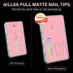 Premium imported AILLSA short almond nail tips, 450PCS in clear case, available in new or old packaging options.