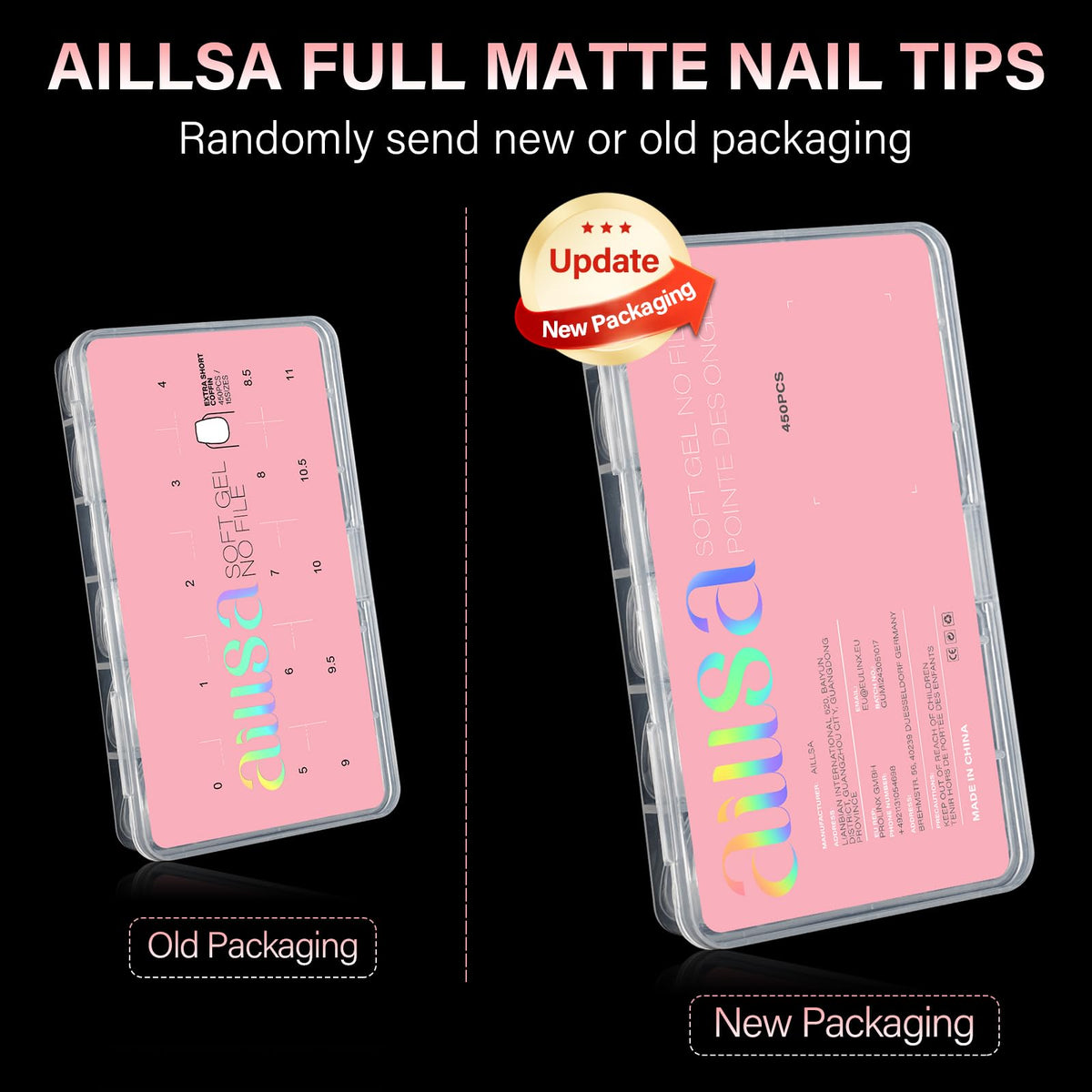 Premium imported AILLSA short almond nail tips, 450PCS in clear case, available in new or old packaging options.