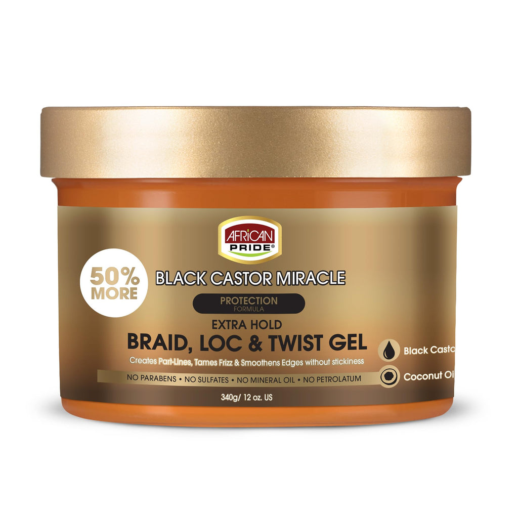 African Pride Black Castor Miracle Braid, Loc & Twist Gel, 12 Oz | Extra-hold gel for braids, locs & twists with black castor & coconut oil; smooths frizz, no flaking