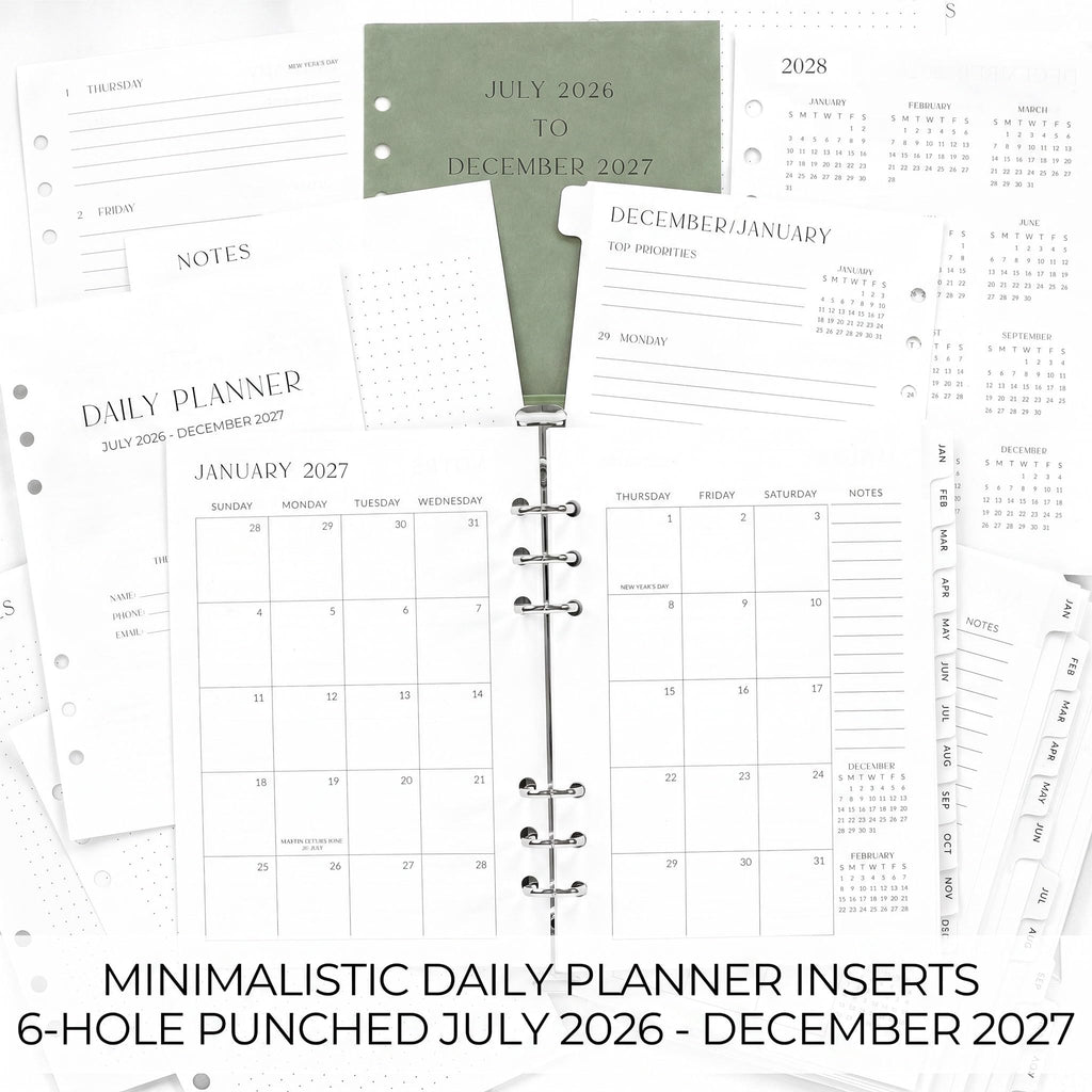 Beautiful 2026-2027 Daily Planner A5 Inserts for 6 Ring Binders - Refills