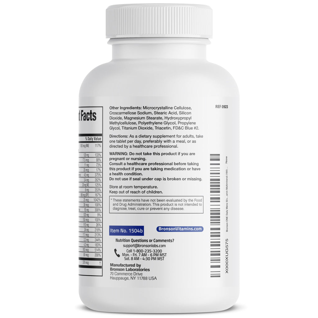 Bronson ONE Daily Mens 50+ Complete Multivitamin Multimineral, 180 Tablets | Once-Daily, Targeted Nutrition For Active Men Over 50, Non-GMO, Gluten-Free, Soy-Free