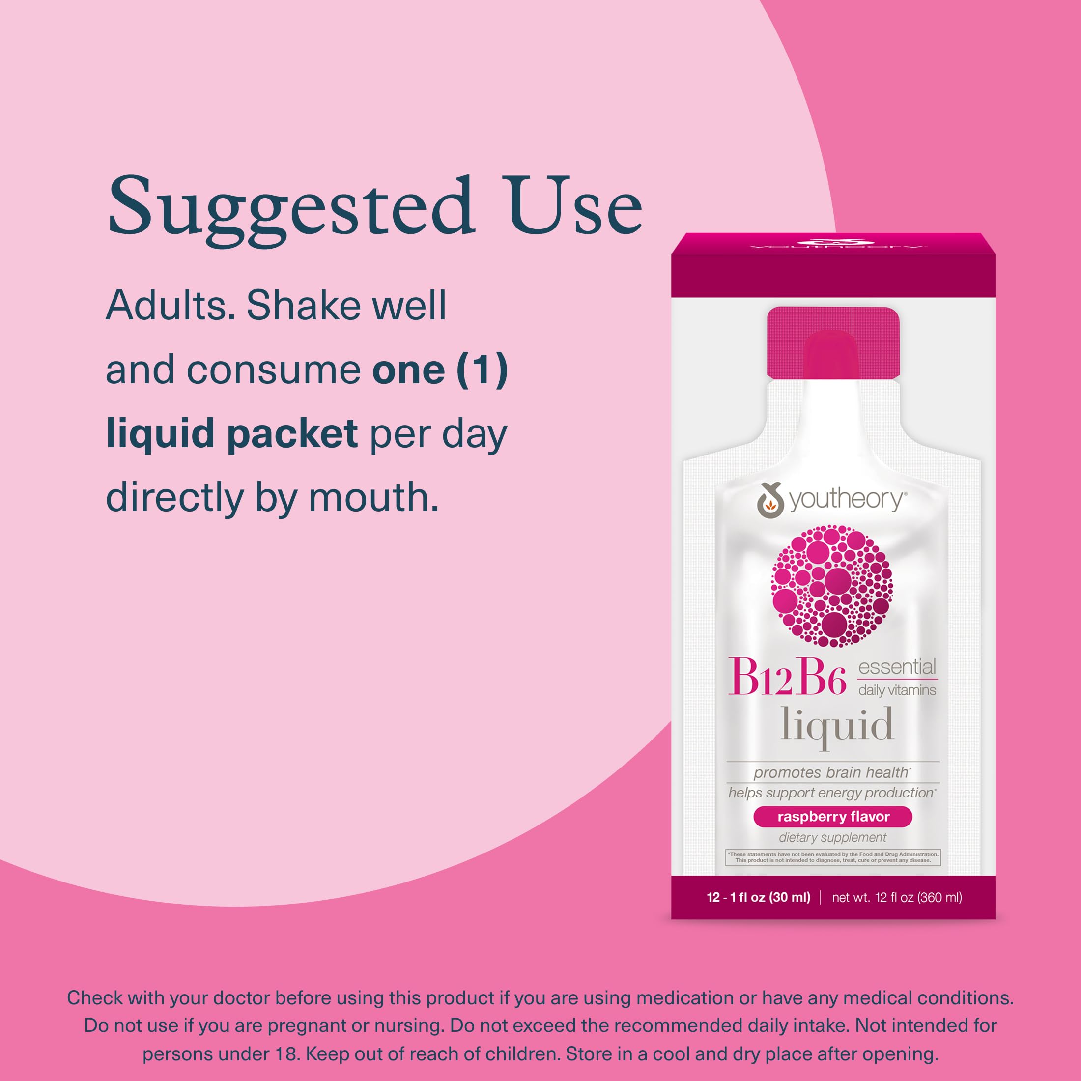 Youtheory B12B6 Liquid, Raspberry Flavor, 1oz Packet, 12 Count | Daily Energy and Brain Support*, Vitamin B12 and B6, Tasty Single-Serving Packs, Vegan, Dairy, Soy, and Gluten-Free