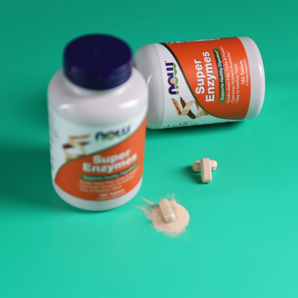Buy now NOW Foods Supplements, Super Enzymes, Formulated with Bromelain, Ox Bile, Pancreatin and Papain, 180 Tablets at indiglob india