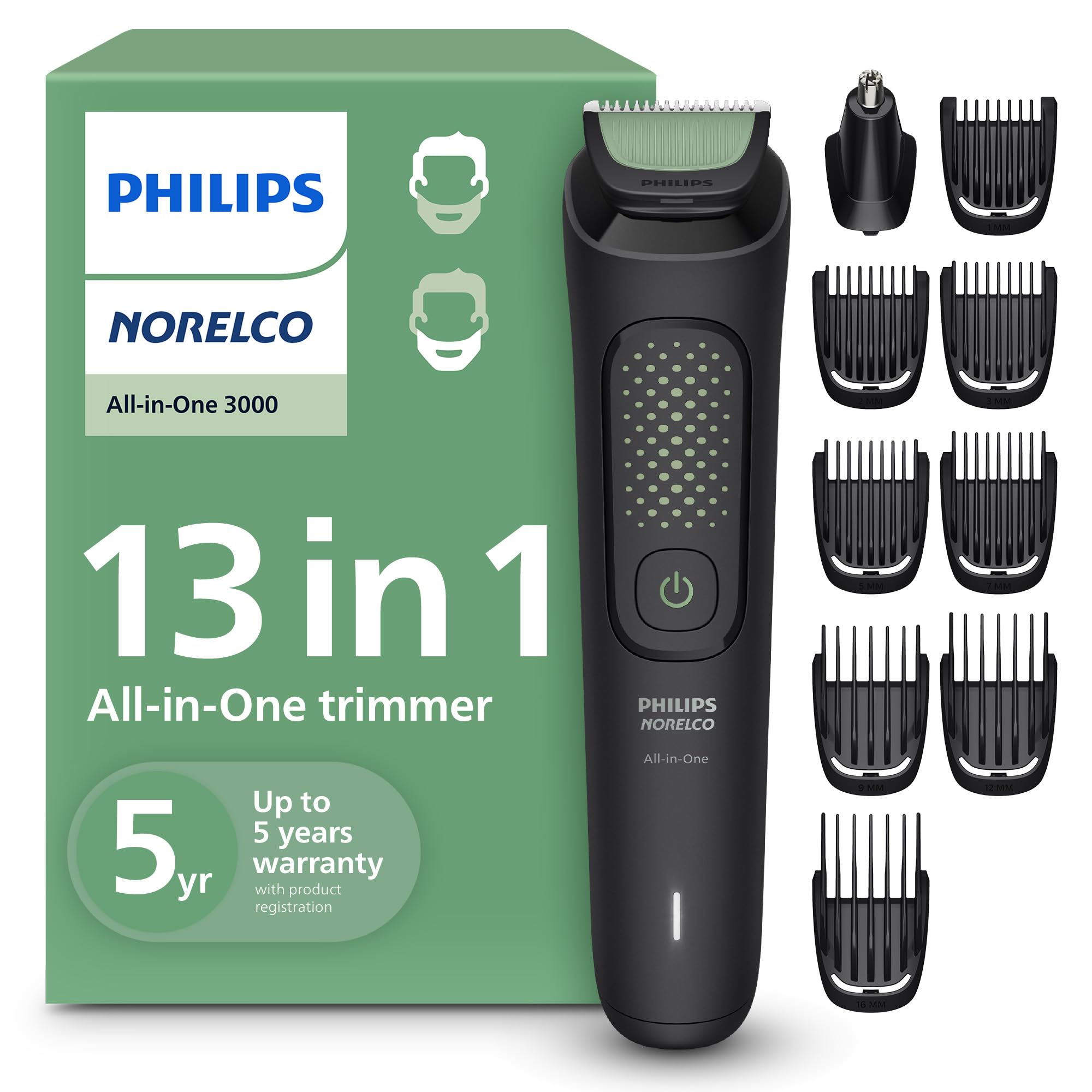 Norelco Philips All-in-One 3000 13-in-1 Trimmer, Face & Hair, Steel Blades | Beard Styler, Nose & Detail Trimmer, Hair Clipper, Self-Sharpening Blades, 8 lengths, 60-Min Runtime, Rinseable, MG3939/50