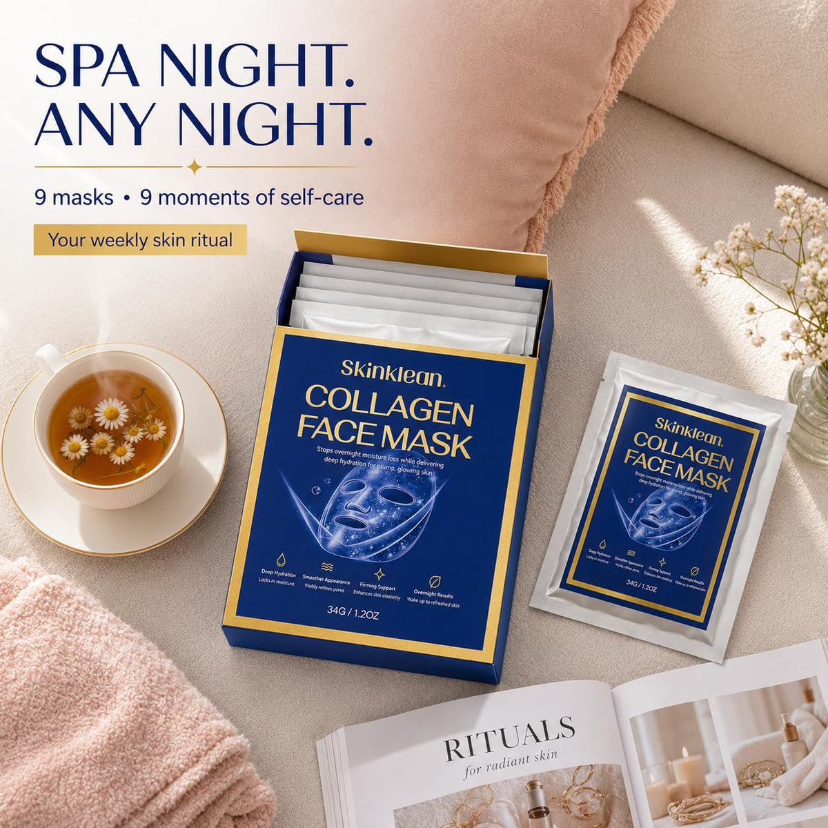 SkinKlean Collagen Face Mask 9 Pack,Hydrating Sheet Masks for Women