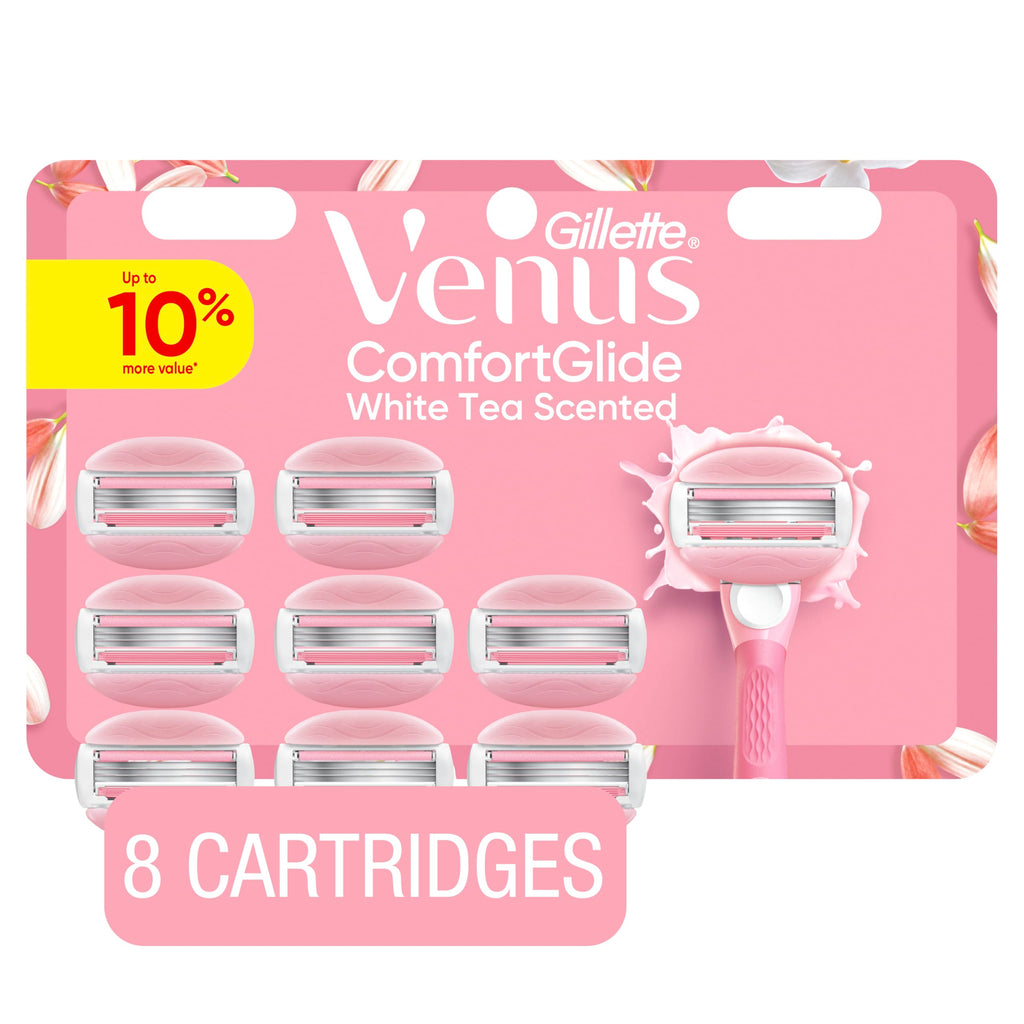 Venus ComfortGlide White Tea Women's Razor Blades, with Built-in Shave Gel Bars, 8 Razor Blade Refills
