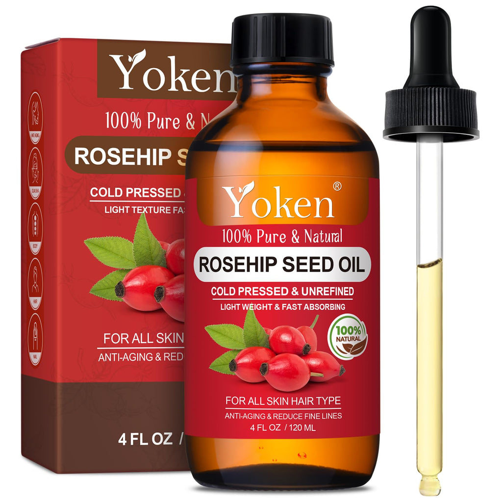 Yoken Cold Pressed Organic Rosehip Seed Oil for Face, Hair & Body, 4 fl oz | Rosehip Oil for Face Hair Body and Nails Rich in Essential Fatty Acids Lightweight Moisturizing Carrier Oil