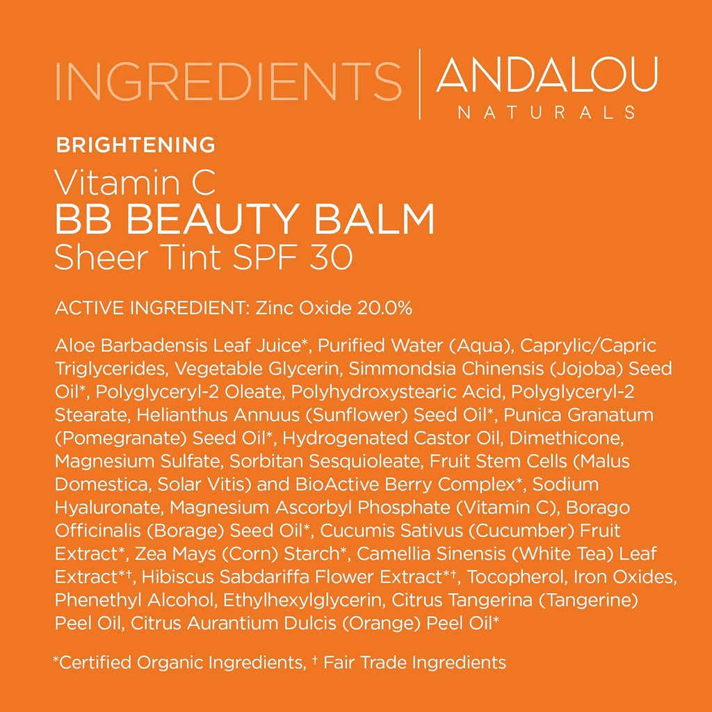Buy now Andalou Naturals Vitamin C BB Beauty Balm Sheer Tint SPF 30 - 2-in-1 BB Cream & Mineral Sunscreen for Face - With Non-Nano Zinc Oxide Skin Protection - 2 fl oz at indiglob india