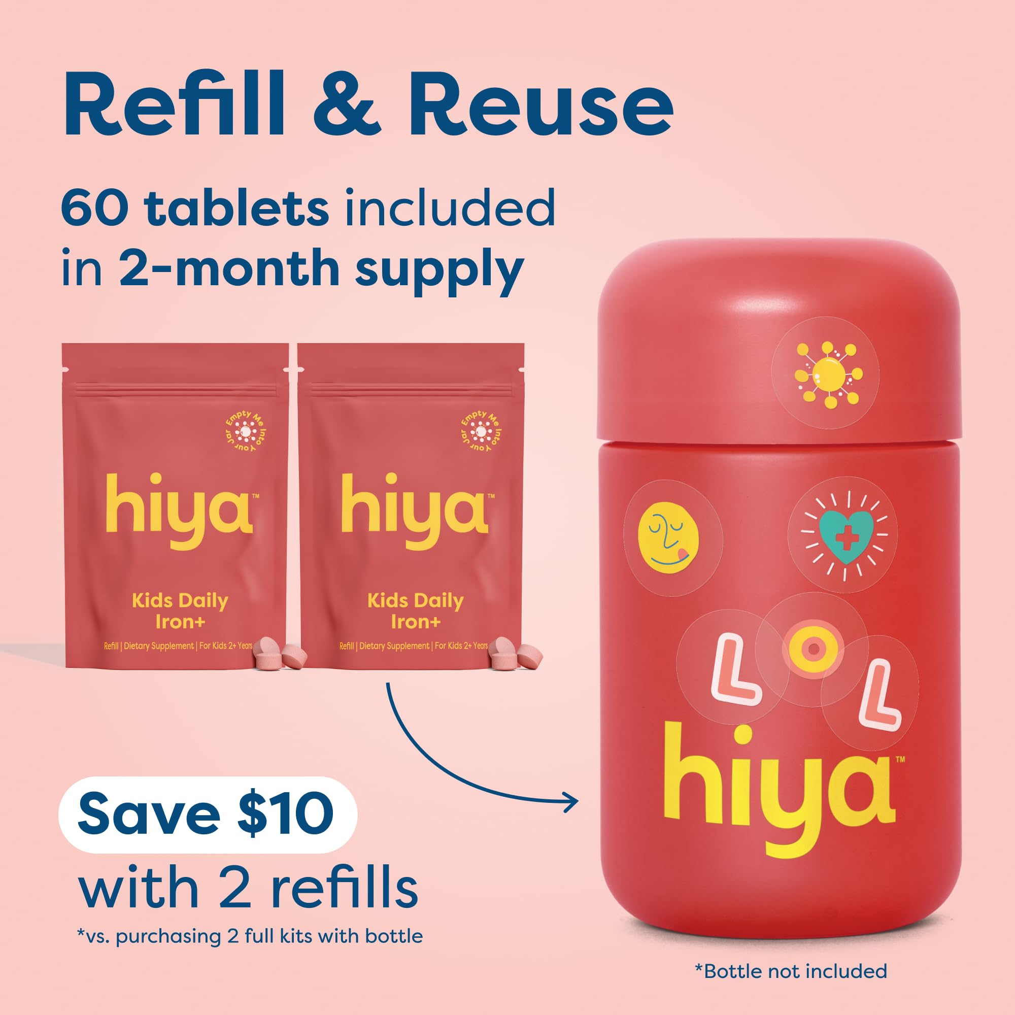 Hiya Iron+ Supplements for Kids, No Added Sugar, 60 Day Supply, Strawberry | Third Party Tested, Chewable High Absorption Iron Supplement Refill, Delicious Strawberry Flavor & Easy on Children's Stomach