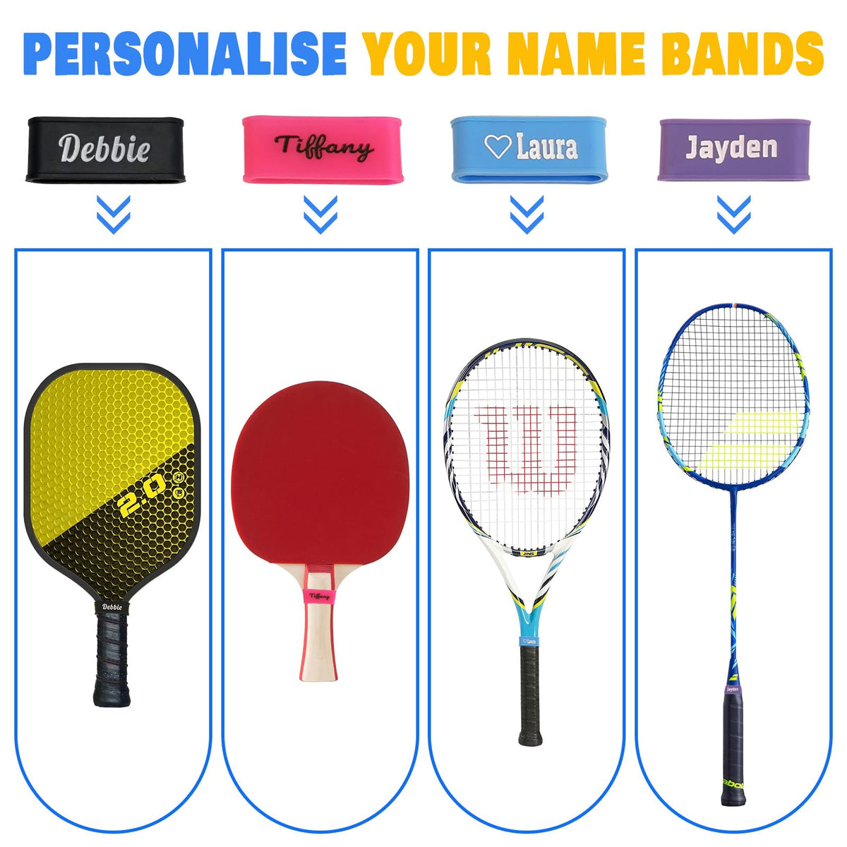 Custom Pickleball Paddle Name Bands, Personalized Silicone Ring Grip, 2 Pcs