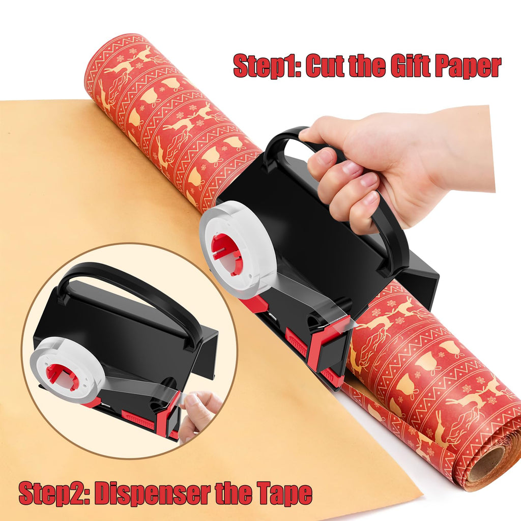 2-Pack Wrapping Paper Cutter & Tape Dispenser for Christmas Gift, Improve Gift Packaging Efficiency, Makes the Cutting line straighter, Cutting Tool with 4 Tapes，2 Replace Blades Kit, Red and Black