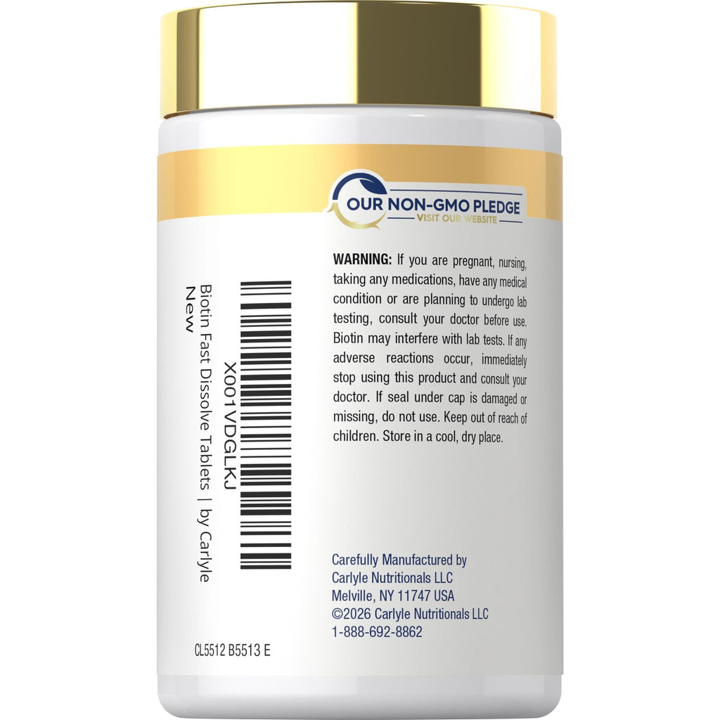 Carlyle Biotin 10000mcg | 250 Fast Dissolve Tablets | Max Strength | Vegetarian, Non-GMO, Gluten Free Supplement