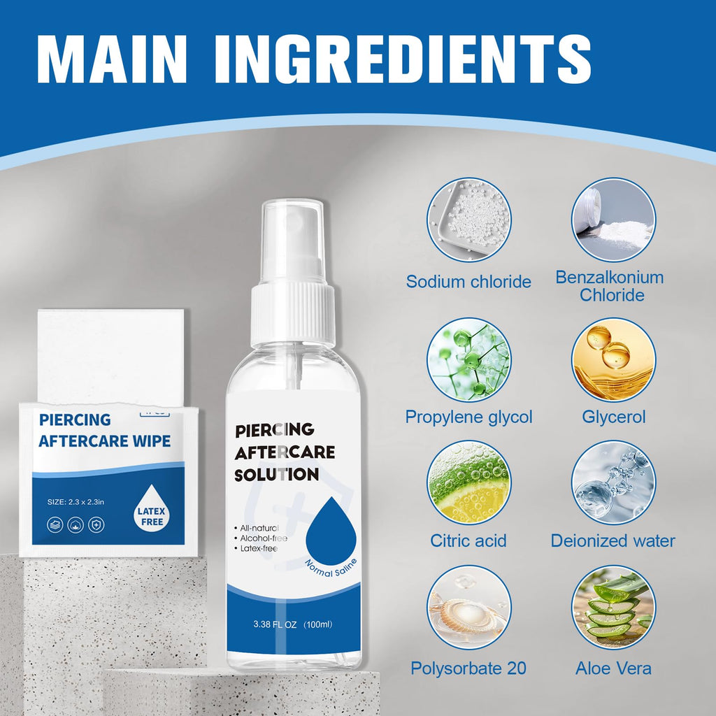 2 in 1 Piercing Aftercare Spray & Wipes Kit: Non-Greasy Saline Solution for Keloid Bump Removal, Piercing Bump Treatment Solution, Ear Nose Lip Belly Piercing Cleaner Wipes(3.38oz + 100ct)