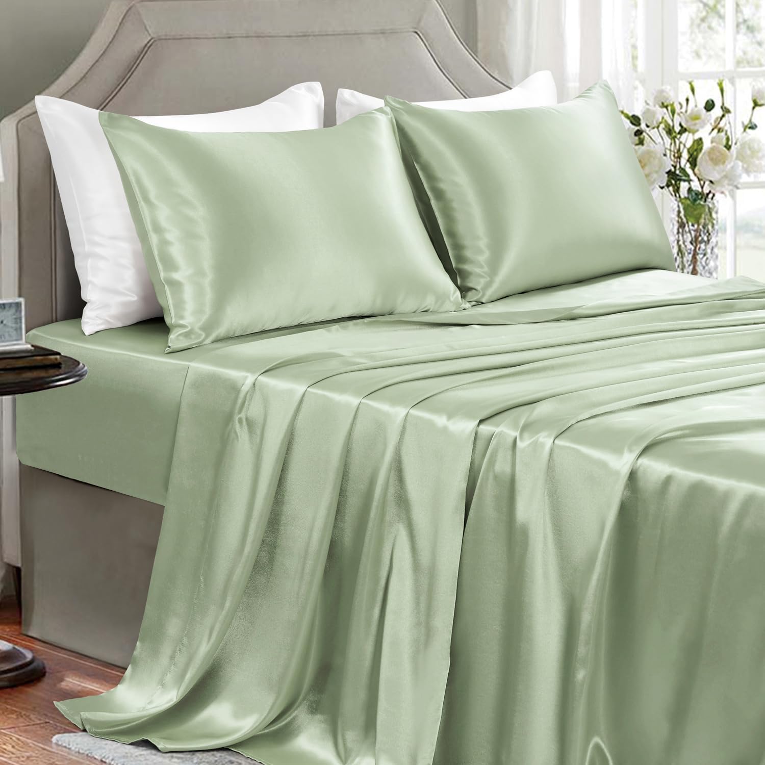 Buy now Satin Sheets King Size - 4 Pieces Luxury Silky Soft Bed Sheets, Wrinkle-Free Gold Satin Silk Sheet Set with 1 Deep Pocket Fitted Sheet, 1 Flat Sheet, 2 Pillow Cases King Sage Green at indiglob india