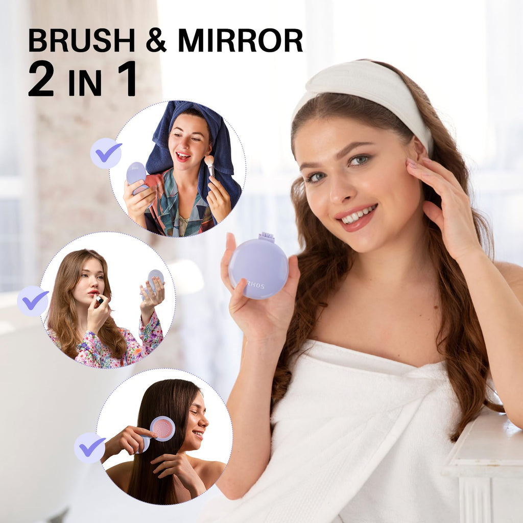 The RHOS Folding Brush with Mirror features a stylish design, perfect for on-the-go beauty. Ideal for touch-ups anytime.