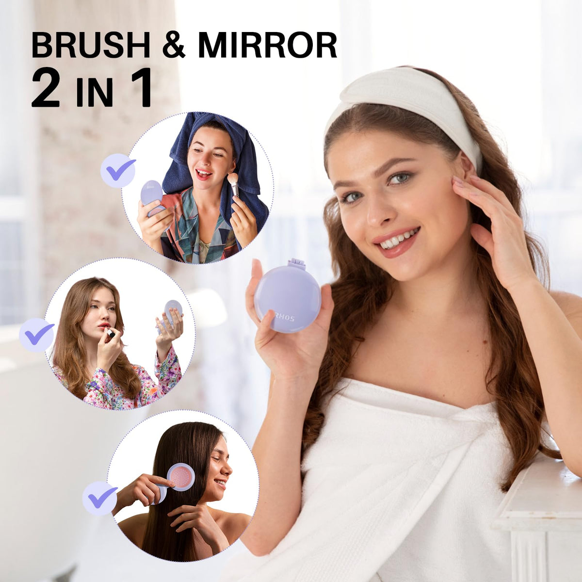 The RHOS Folding Brush with Mirror features a stylish design, perfect for on-the-go beauty. Ideal for touch-ups anytime.