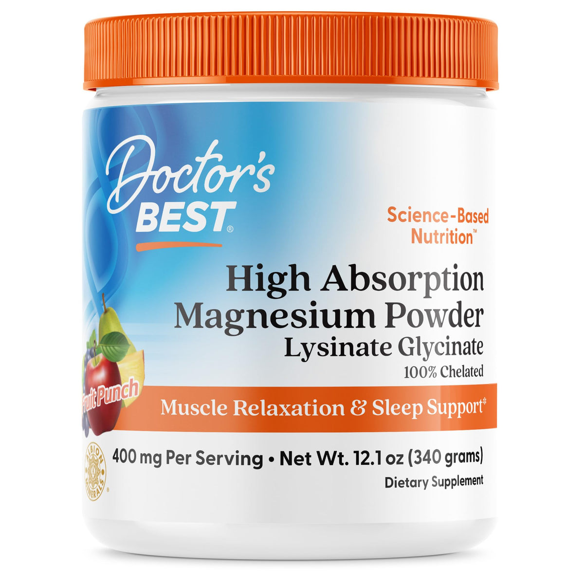 Doctor's Best Magnesium Glycinate Powder, Fruit Punch Flavor, 12.1 oz