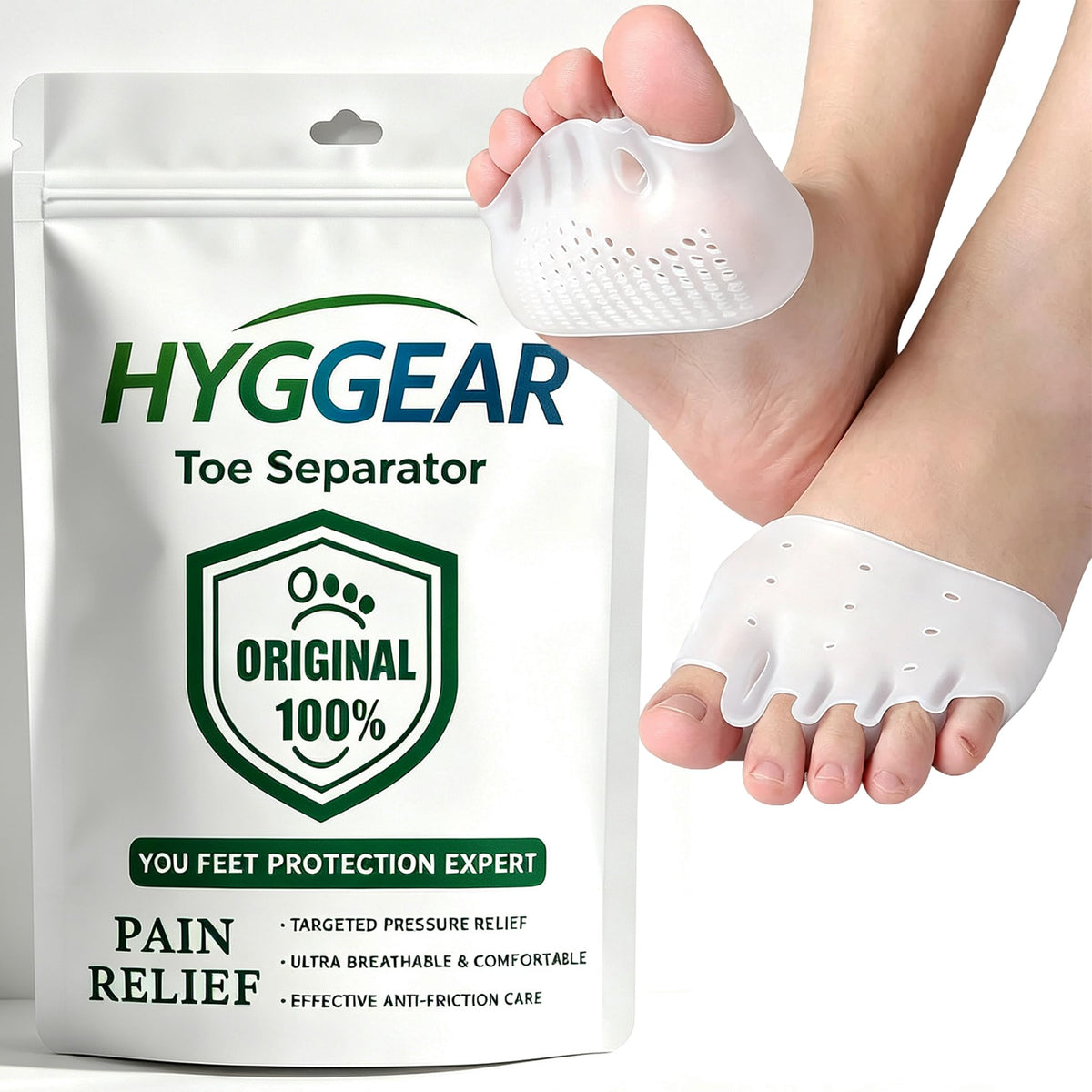 Hygear Silicone Toe Separators For Women & Men,Toe Spacers For Overlapping Toes, Foot Pain Relief for Bunions, Hammer Toe & Plantar Fasciitis, Comfortable & Breathable, 2-pack Original.