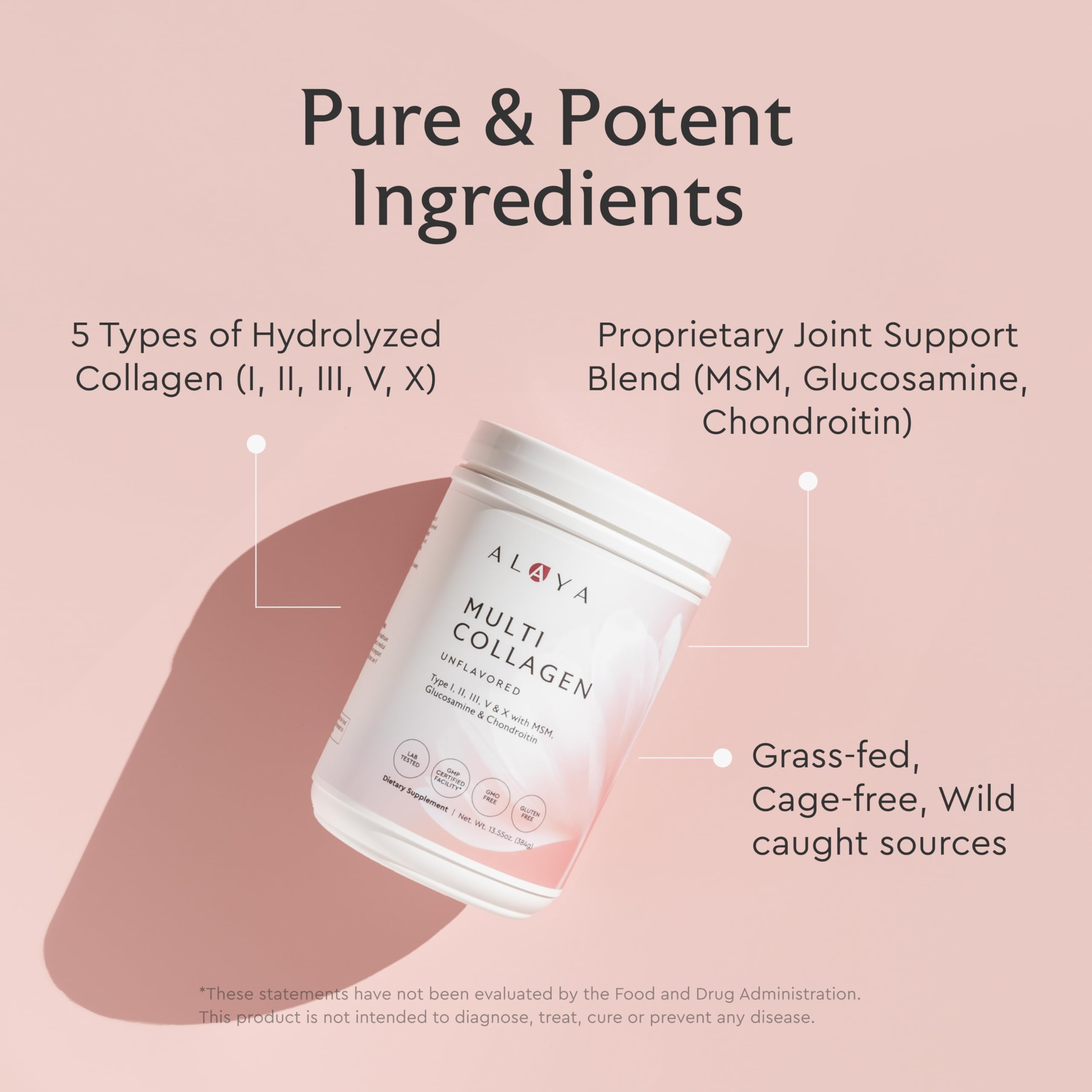 Alaya Multi Collagen Powder - Type I, II, III, V, X Hydrolyzed Collagen Peptides Protein Powder Supplement with MSM + GC (Unflavored) - NSF Certified - (40 Servings)