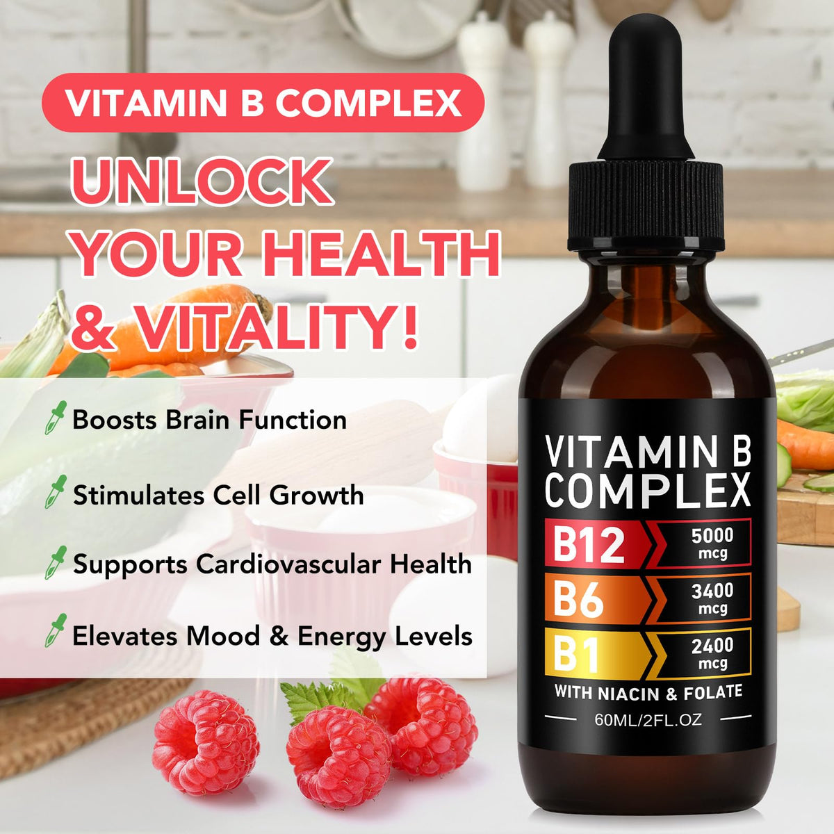 2 Packs Vitamin B12 Complex Drops 5000mcg, 80-Day Supply, Sugar/Gluten Free