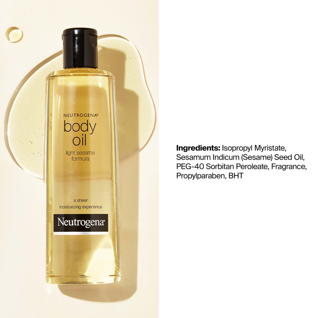 Neutrogena Body Oil Light Sesame Formula, 16 fl. oz | Nourishing Moisturizer, for Before- and After-Shower Application, Lightweight, Non-Greasy Feel
