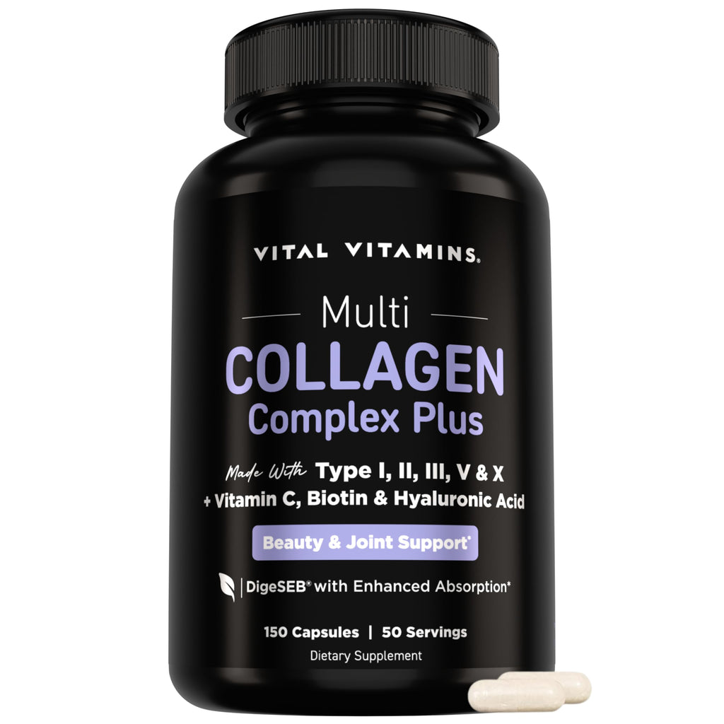 Vital Vitamins Multi Collagen Complex Plus Biotin, Hyaluronic Acid & VIT. C | Hair, Skin, & Nails Supplements for Women and Men, 5 Collagen Types I II III V & X, 150 Capsules