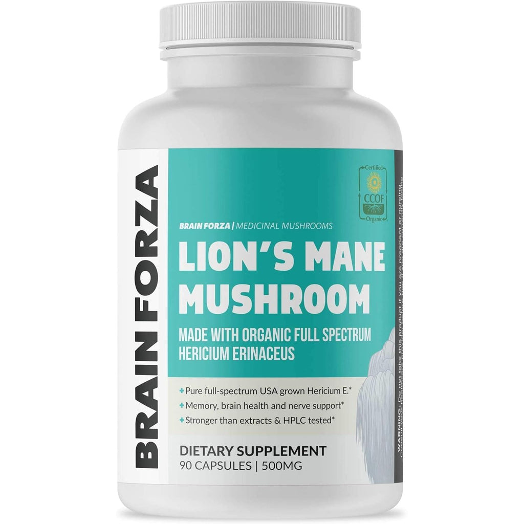 Buy now Brain Forza Organic Lion's Mane Mushroom Capsules, Natural Supplement for Memory Support, Focus, Clarity, Nerve Health, Non-GMO, Vegan, Organic, 90 Capsules Default at indiglob india