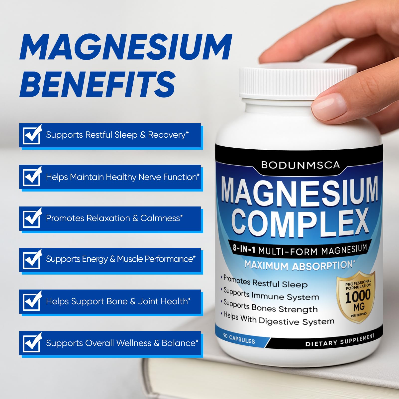 Magnesium Complex 1000mg, 8-in-1 Magnesium Supplement Capsules with Glycinate, Citrate, Malate & Taurate, Supports Muscle, Bone, Energy & Daily Wellness, for Women & Men, 180 Capsules