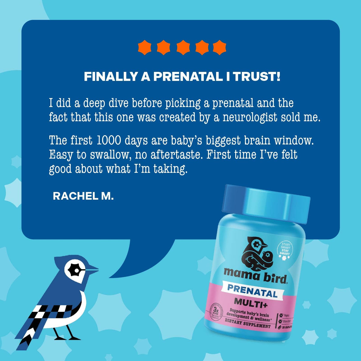 Mama Bird - Prenatal Multi+ (30 Servings) Prenatal Vitamins for Women - 30+ Essential Nutrients, Baby Brain Health - Methylfolate & Probiotics, Methylated Multivitamin - Vegan, Gluten Free, Non GMO