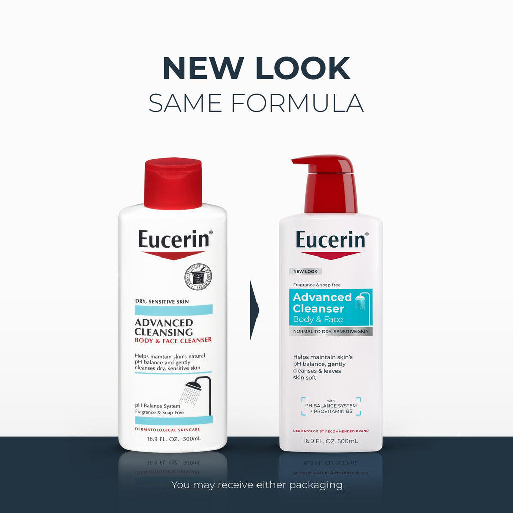 Eucerin Advanced Repair Body and Face Cleanser, 16.9 FL OZ | Body Wash and Face Cleanser with Provitamin B5, Gentle Wash for Normal to Dry, Sensitive Skin, Soap Free, Fragrance Free