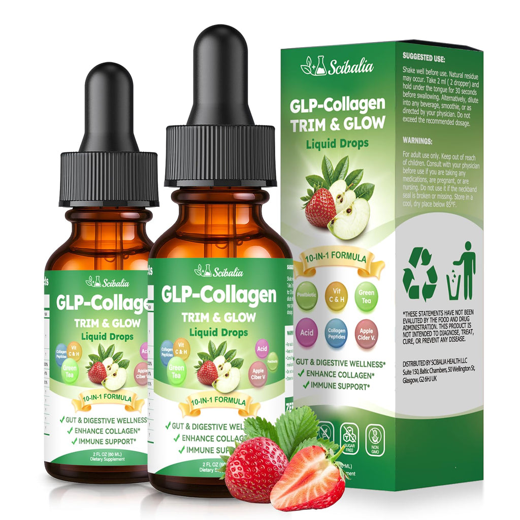 10-in-1 Liquid Collagen for Women, GLP Friendly Multi Collagen | Trim & Glow Hydrolyzed Collagen Burn Drops w. Hyaluronic Acid Biotin Green Tea & ACV, Digestive Gut Skin Health & Hair Growth