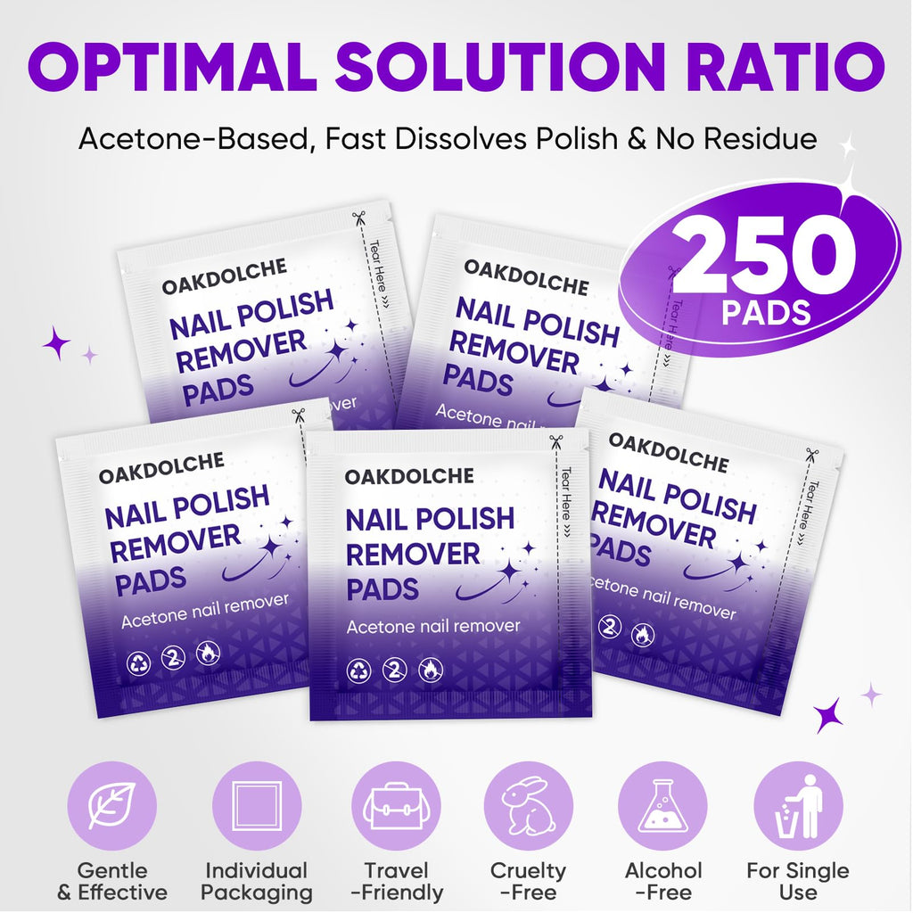 250P Bulk Acetone Nail Polish Remover Pads, Individually Wrapped | Travel-friendly, Quick & Effective for Gel & Fingernail Polish, ideal for home & salon use, great value pack & gift option