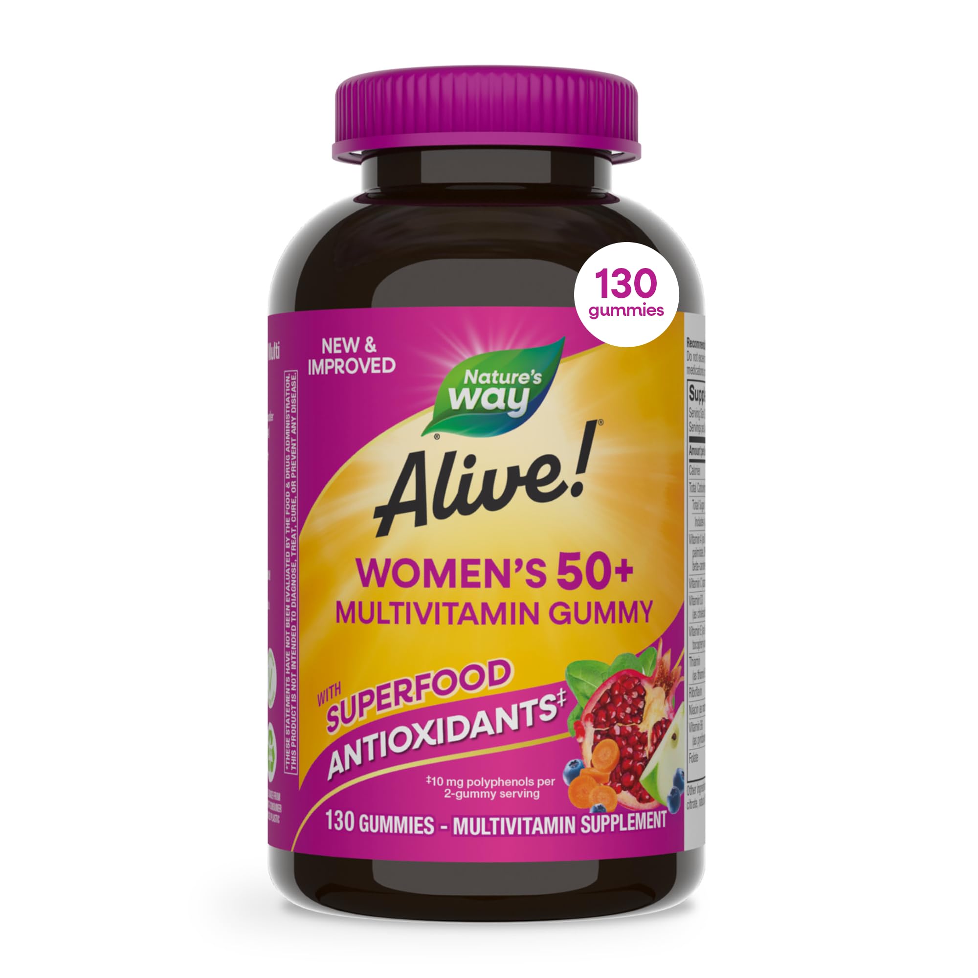 Nature's Way Alive! Women's 50+ Multivitamin Gummies, Mixed Berry, 130 ct | Daily Gummy Multi with B-Vitamins, Vitamin D3 & Calcium to Support Heart, Brain, & Bone Health for Women 50 and Older*