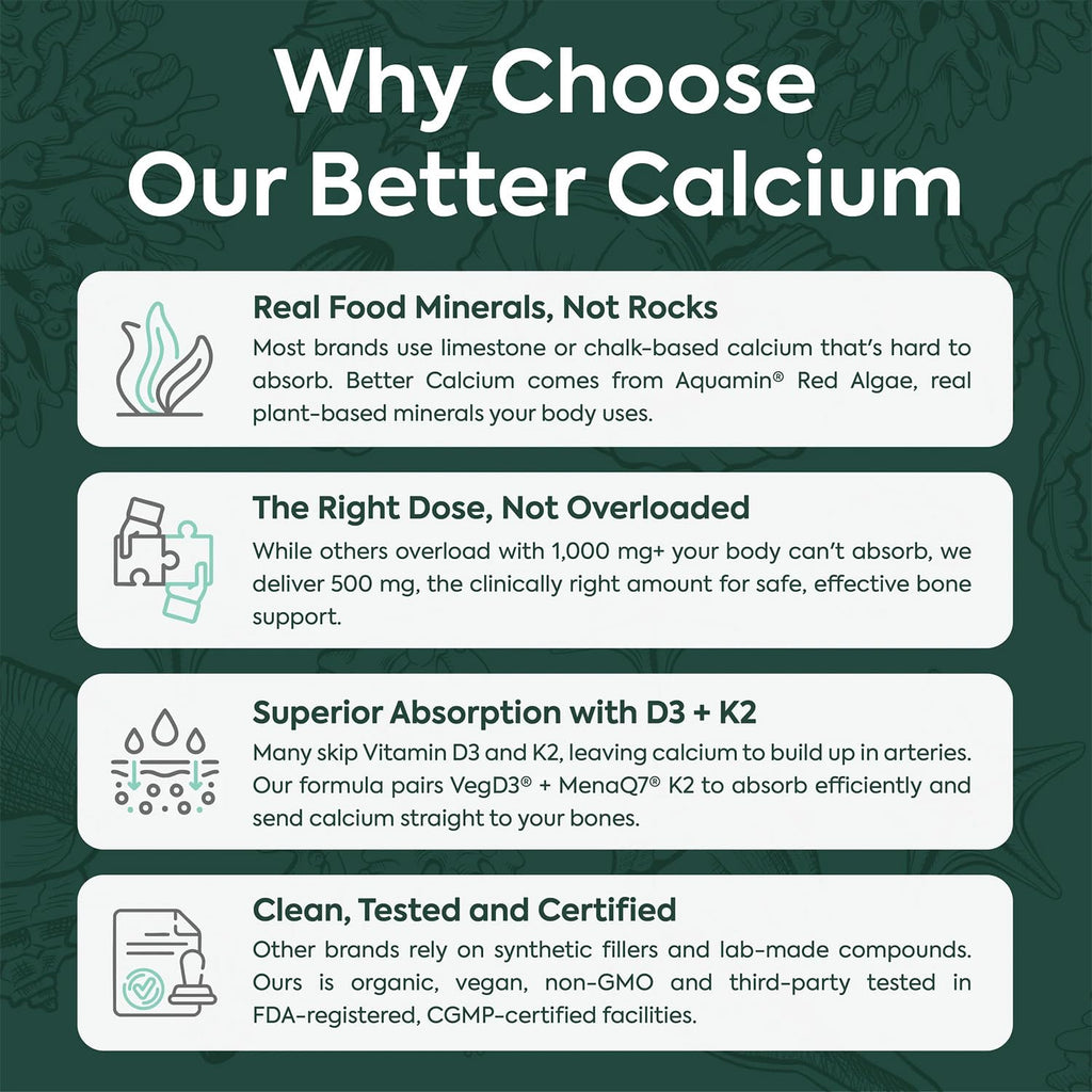 Organics Ocean Better Calcium - Organic Red Algae Calcium with Vitamin D3 and K2 Supplements - Supports Bone Structure, Joint Comfort & Encourages Healthy Aging - Plant-Based, Non-GMO - 6 Pack