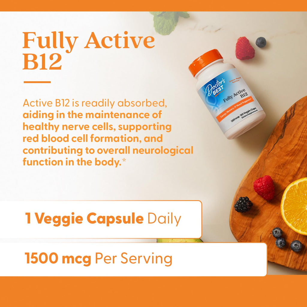 Doctor's Best Vitamin B12 Methylcobalamin for Men & Women - Vitamin B 12 Caps 1500 mcg, VIT B-12 Supplement, Vegan, Gluten Free, Non GMO, Fully Active - 180 Veg Capsules