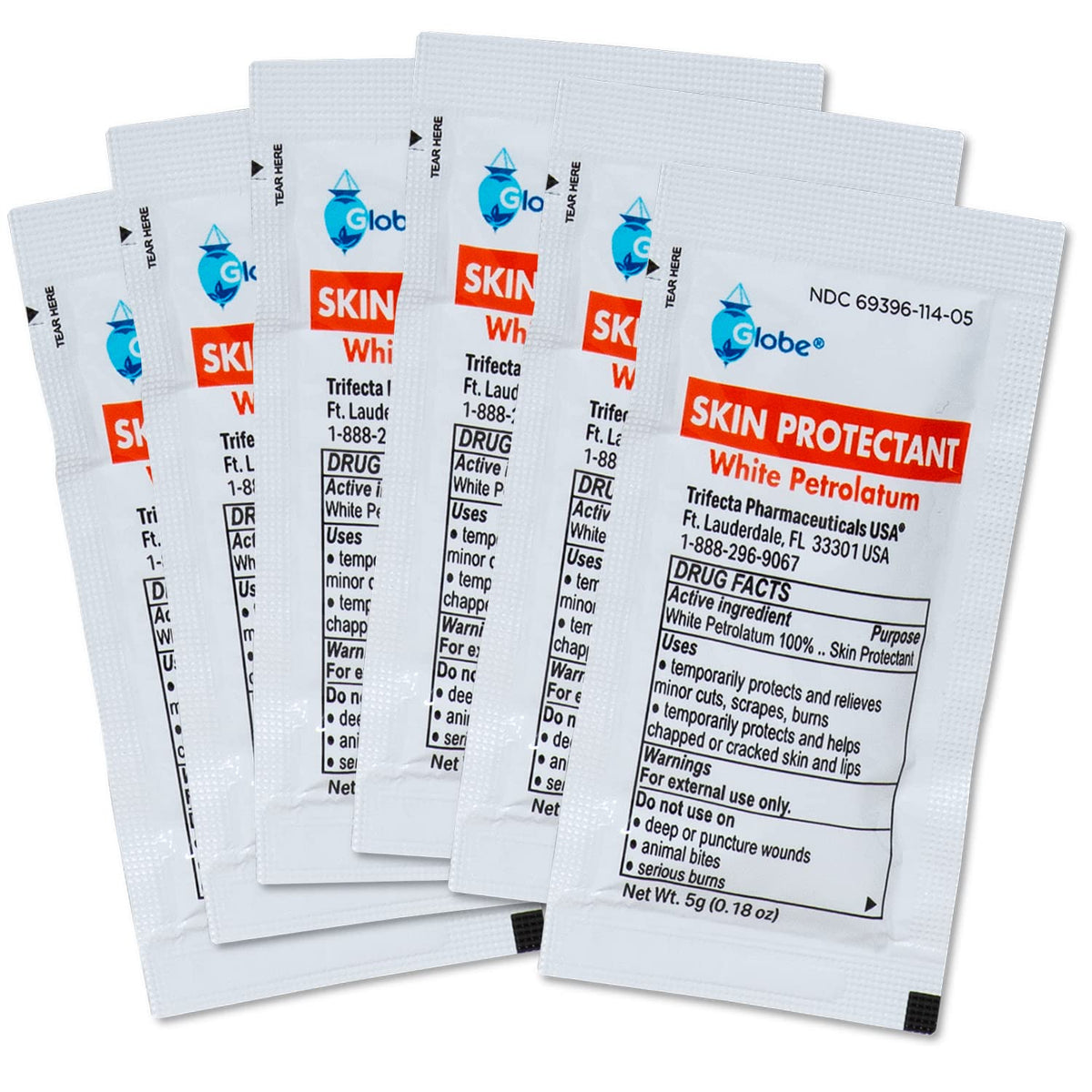 Globe White Petrolatum Jelly, 144 Pack, Skin Protectant, 5 g Packets