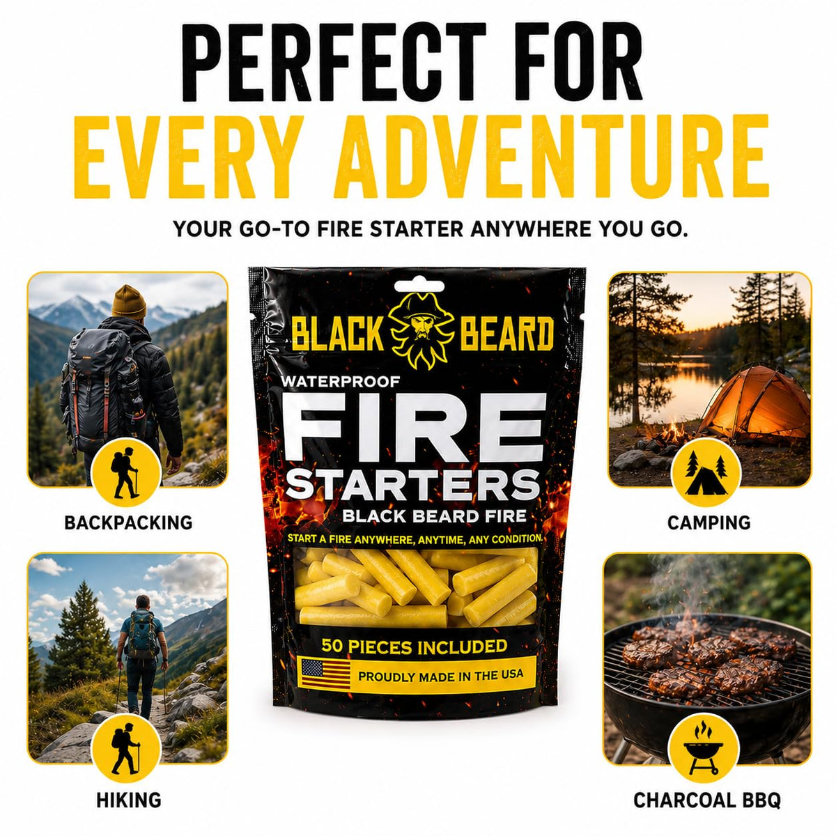 Black Beard Fire Plugs (50 Plugs) | 100% Weatherproof Fire Starter for Campfires | Can Light 50+ Fires | Extra Long Burn Time | 30 Yr Shelf Life for Emergency Survival Kits | Made in USA, Yellow