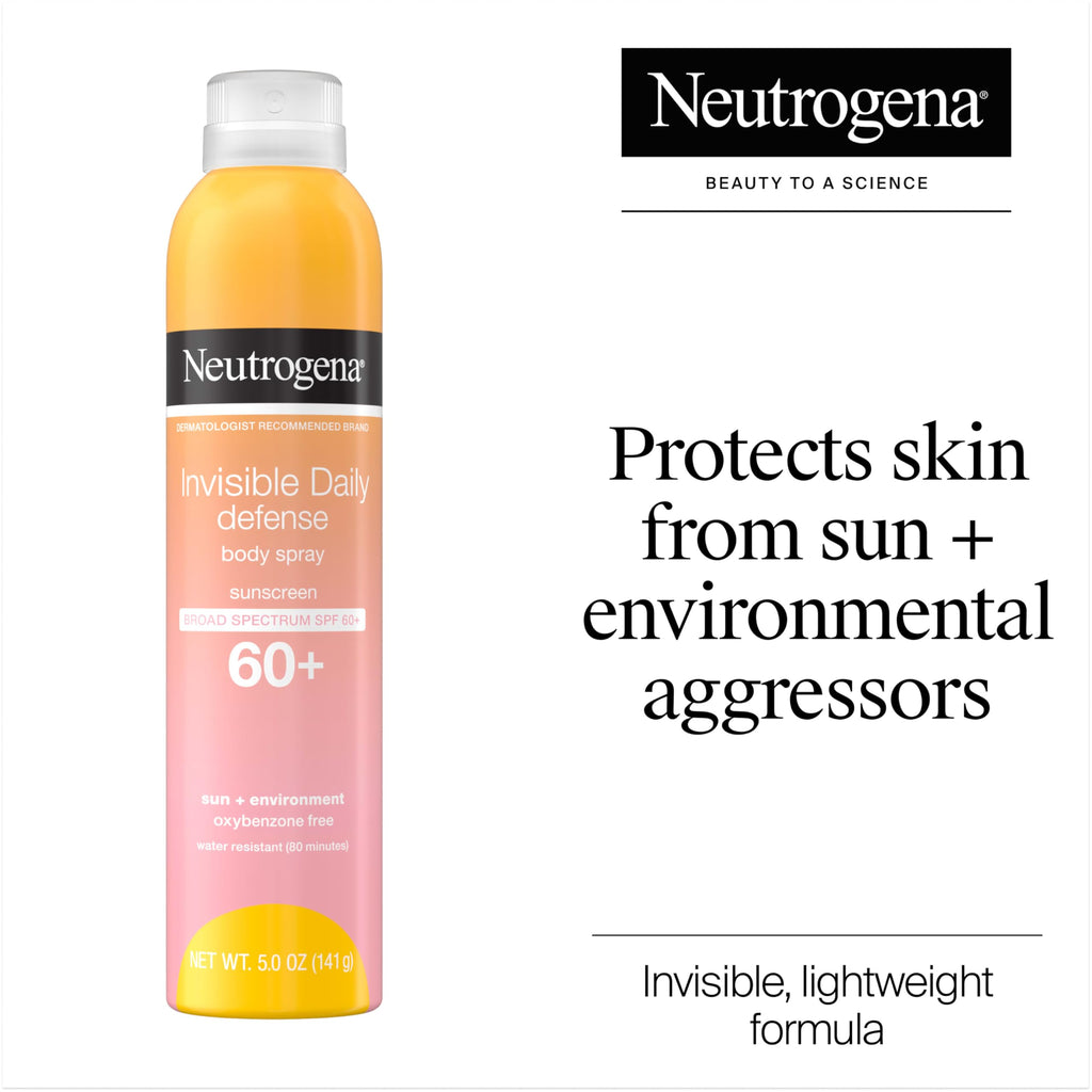Buy now Neutrogena Invisible Daily Defense Body Sunscreen Spray, Broad Spectrum SPF 60+, Oxybenzone-Free & Water-Resistant, Sun & Environmental Aggressor Protection, Antioxidant Complex, 5.0 oz at indiglob india