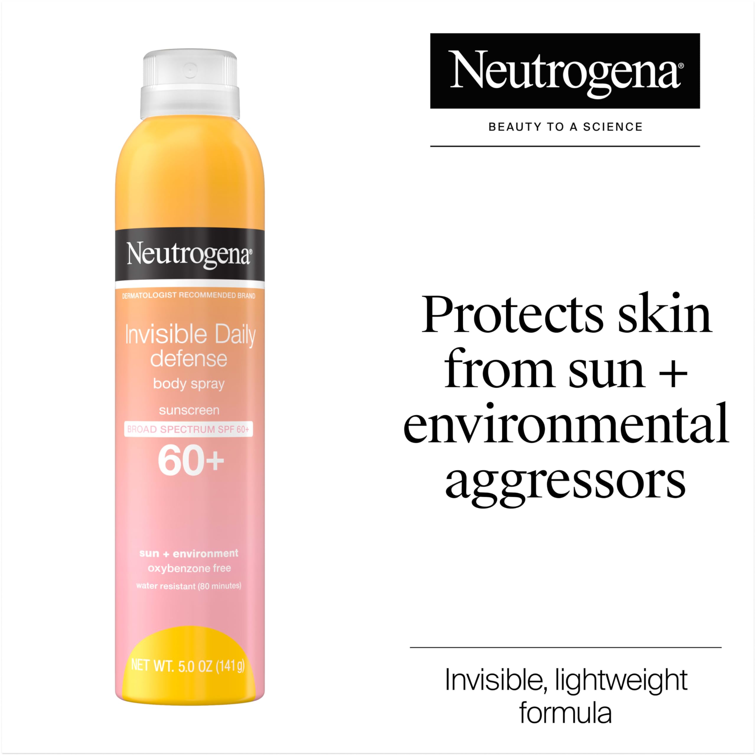 Buy now Neutrogena Invisible Daily Defense Body Sunscreen Spray, Broad Spectrum SPF 60+, Oxybenzone-Free & Water-Resistant, Sun & Environmental Aggressor Protection, Antioxidant Complex, 5.0 oz at indiglob india