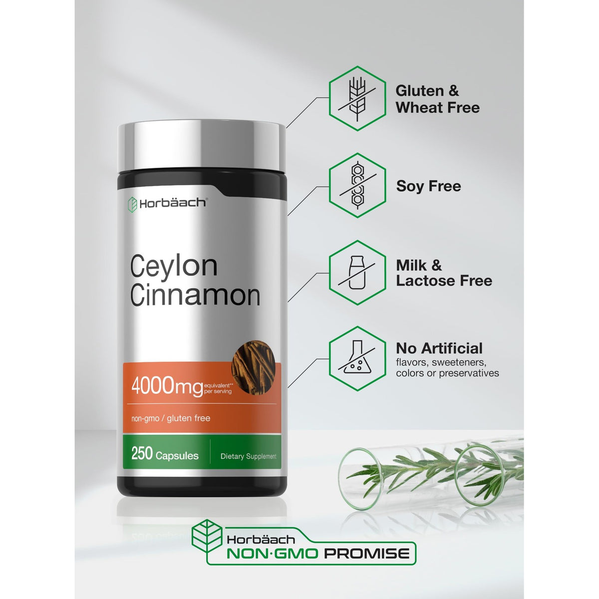 Horbäach Ceylon Cinnamon Capsules | 250 Count | Non-GMO, Gluten Free