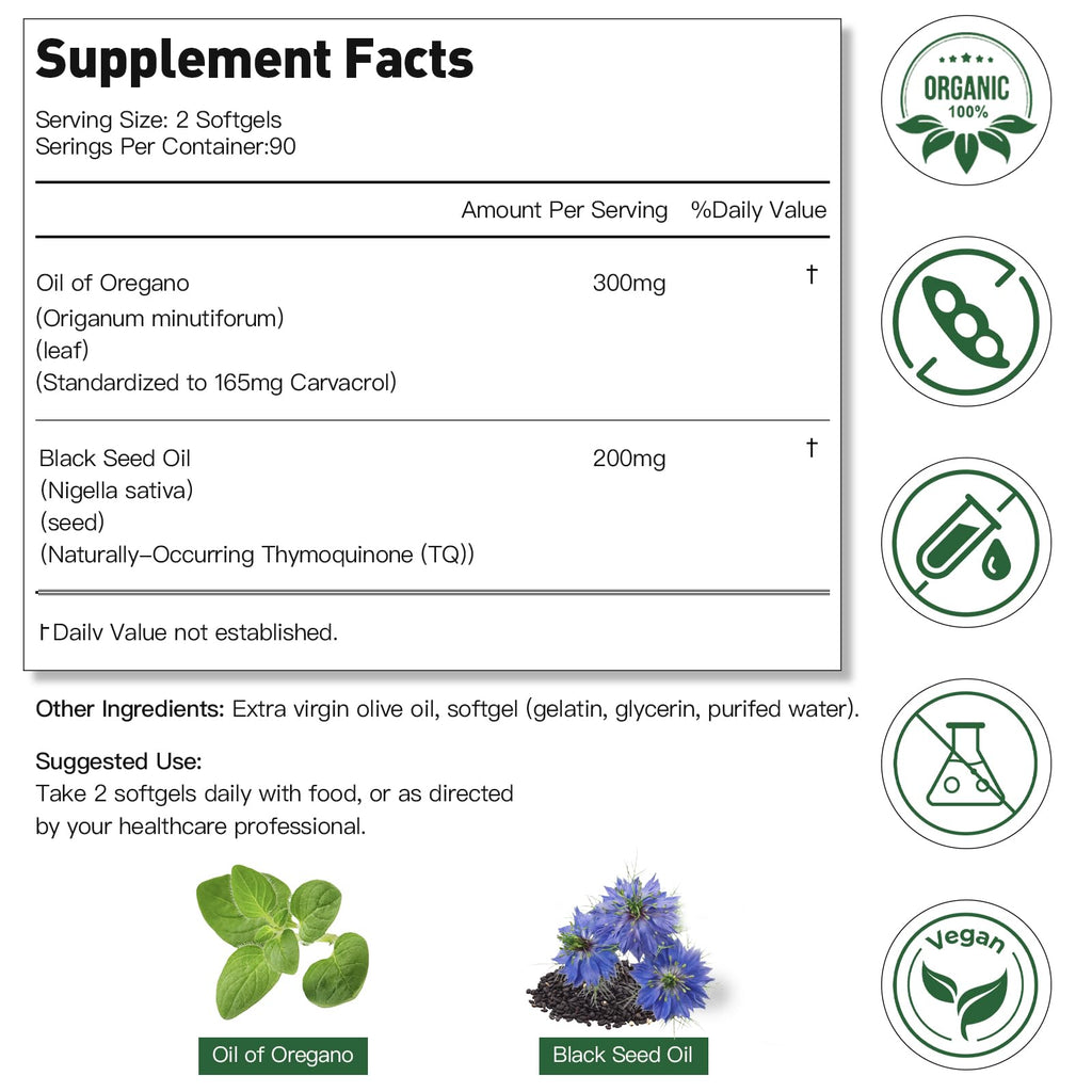 Oil of Oregano with Black Seed Oil Softgels: 2 in 1 Immune Support Oregano Oil Supplement with Ultra-High Potency Oregano Leaf Extract, 165mg Carvacrol & Thymoquinone, 180 Capsules